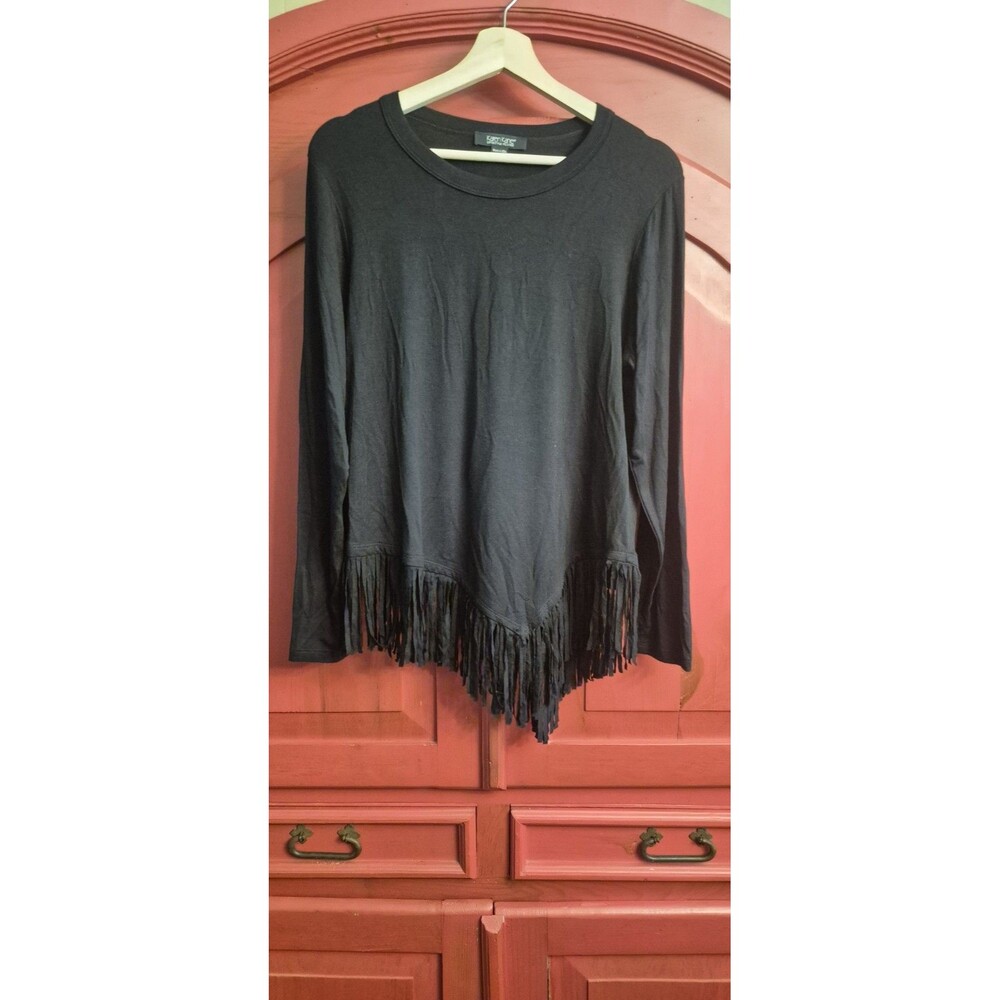 Karen Kane Large Petite Black Fringe Shirt Boho  Asymmetric Long Sleeve EUC